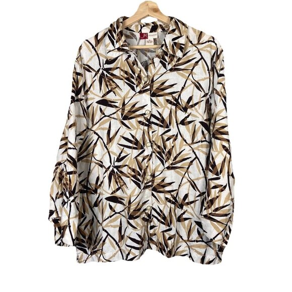 JM COLLECTION 100% LINEN TROPICAL PALM TAB LONG SLEEVE BUTTON UP BLOUSE Size 16 - Picture 1 of 9